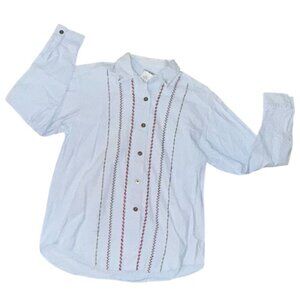 Koret City Blues Embroidered Button-Up Shirt 100% Cotton Blue With Red & Green A